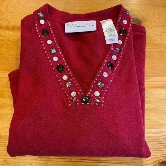First Issue by Liz Claiborne v-neck beaded sweater women M red - Picture 6 of 7